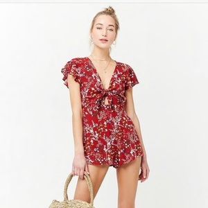 Forever 21 Red Floral Front Tie Romper